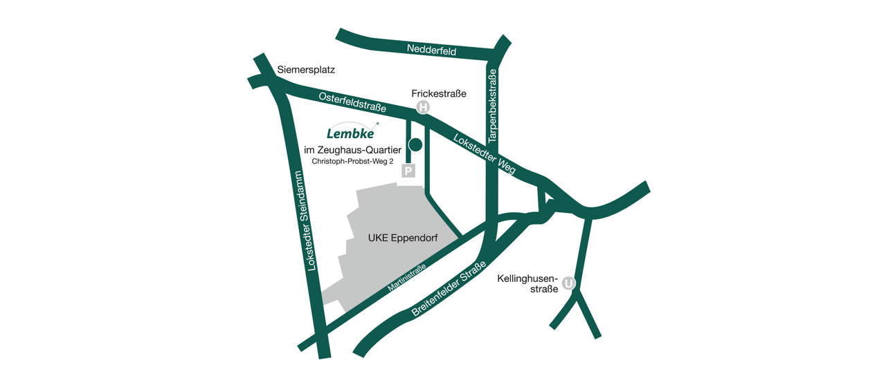 Die Anfahrtsskizze vom Standort der Lembke Seminare und Beratungen GmbH im Christoph-Probst-Weg 2 in 20251 Hamburg
