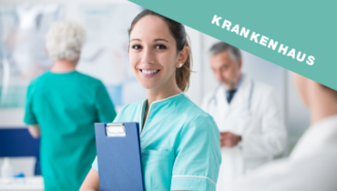 Eine Krankenschwester mit einer Patientenakte blickt lächelnd in die Kamera, drumherum stehen weitere Schwestern Ärzte – im Blickfang steht "Krankenhaus"