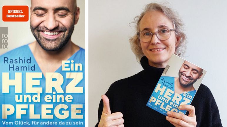 Tonia Christie mit dem Buch von Rashid Hamid "Ein Herz und eine Pflege"