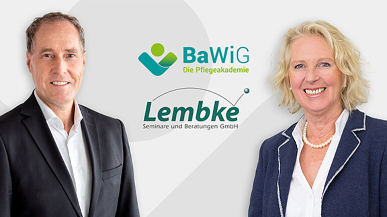 Wolfram Schottler von BaWiG GmbH links im Bild und rechts Ursula Becker von Lembke Seminare und Beratungen GmbH, in der Mitte beide Logos